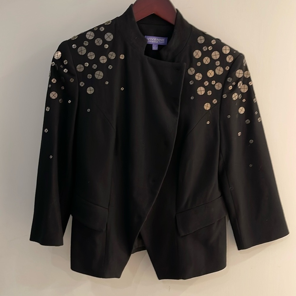 Vivienne Tam black moto style embellished sequin jacket coat 6 small wool